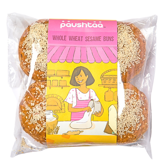 Burger Bun | Whole Wheat Sesame Buns - Vegan, No Bread Improver, Emulsifiers, Stabiliser, No Preservatives & No Flavour Enhancer Or No Refined Sugar - Paushtaa - 400gm