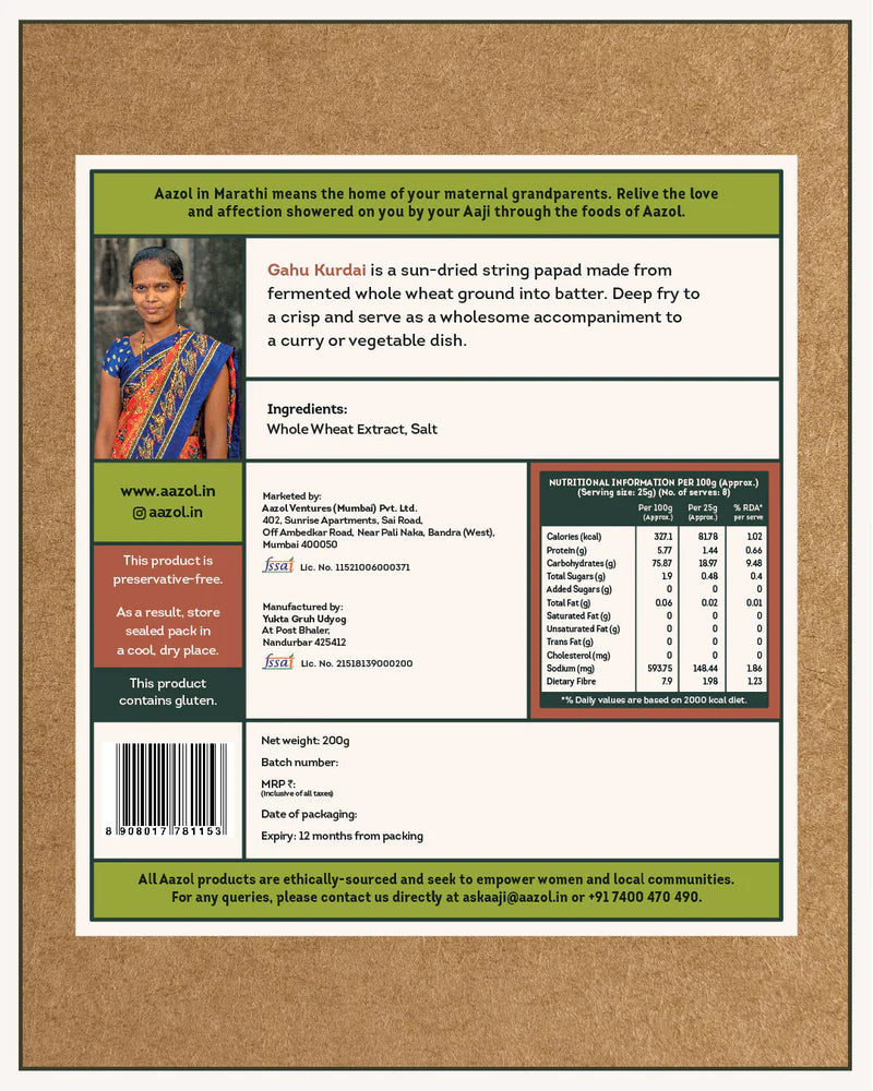 Papad | Whole Wheat String Papad - Gahu Kurdai - No Added Preservatives - Aazol - 100gm