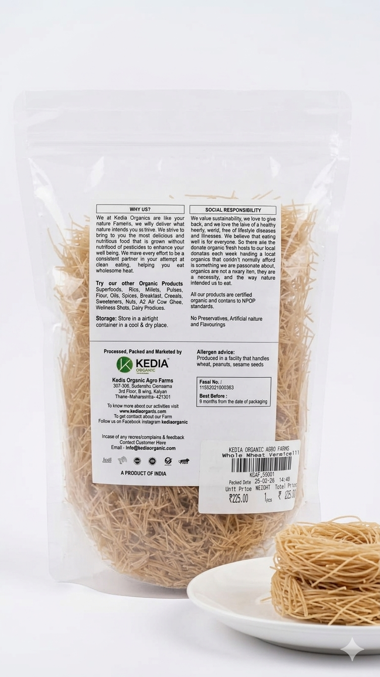 Vermicelli |Whole Wheat Vermicelli (Seviyan)- 100 % Organic & Farm Fresh - No Preservatives, Artificial Colours & No Added Flavours - Kedia Organic - 250gm