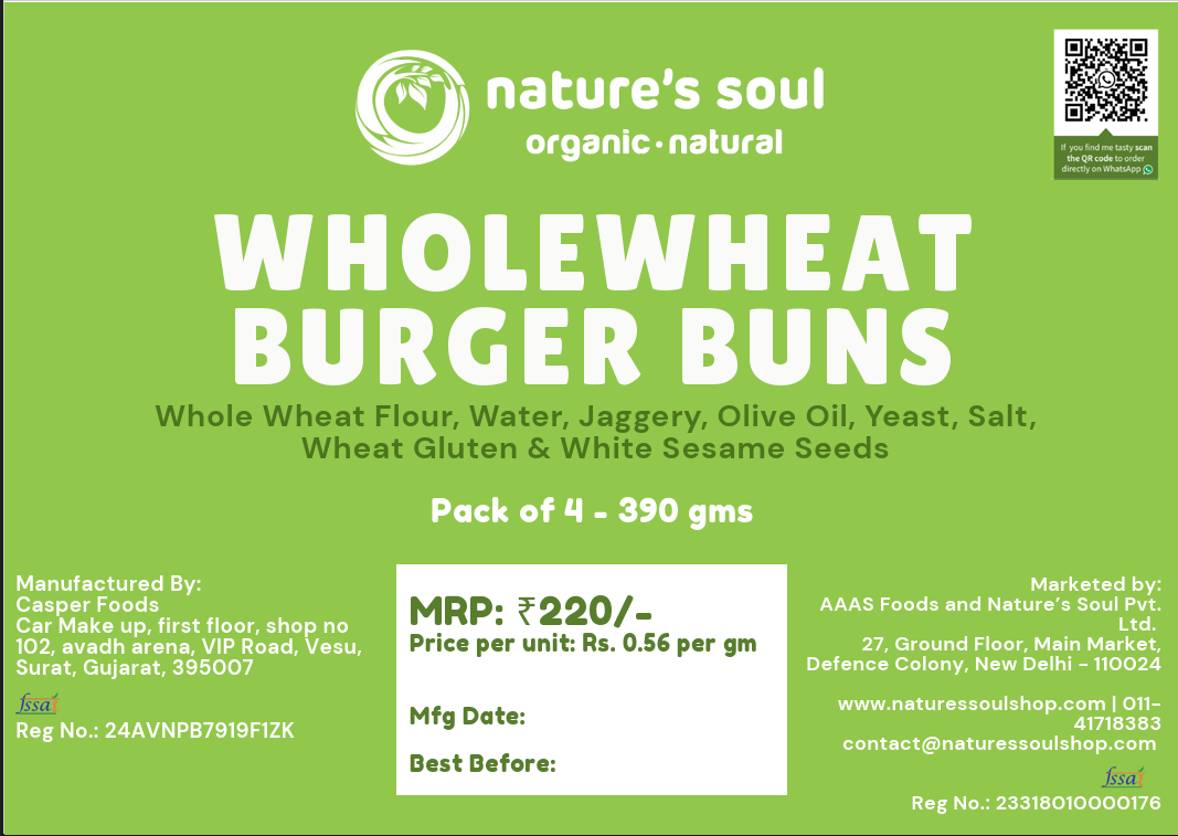 Burger Bun | Whole wheat Burger Buns - No Bread Improver, Emulsifiers, Stabiliser, No Preservatives & No Flavour Enhancer Or No Refined Sugar - Nature&