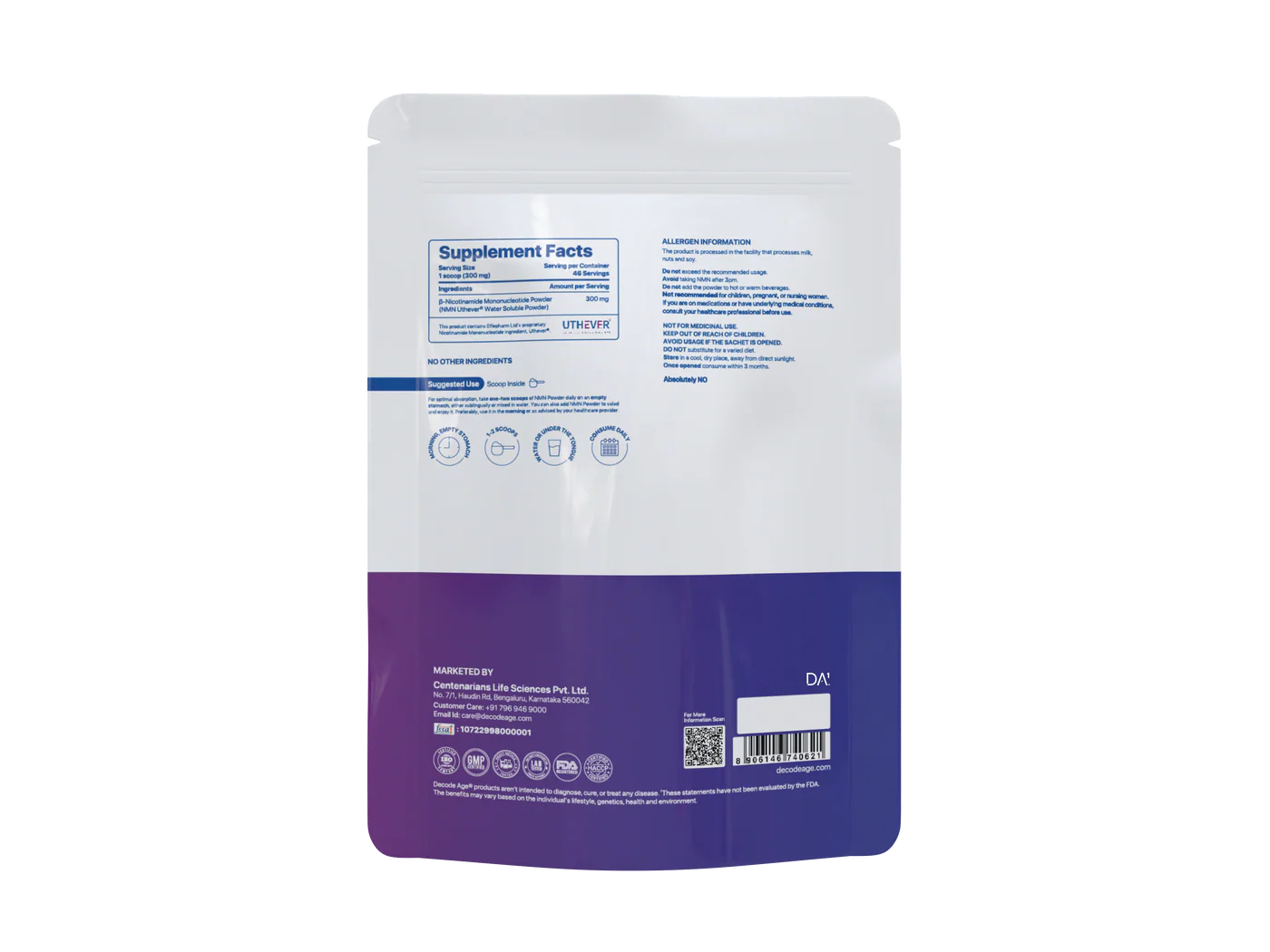 Pure NMN | Fast Dissolving Powder - NAD+ Production, Cellular Energy & DNA Repair - Gluten Free, GMO Free, Sugar Free, Dairy Free - Decode Age - 14 Grams - 46 Servings