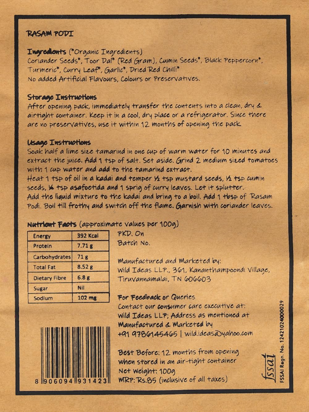 Rasam Podi | Shortcuts Rasam Podi - Masala Powder For Rasam - Traditional Ground Spices For Easy Authentic Cooking - All Natural - No Added Artificial Flavours, Colours Or No Preservatives - Wild Ideas - 100gm