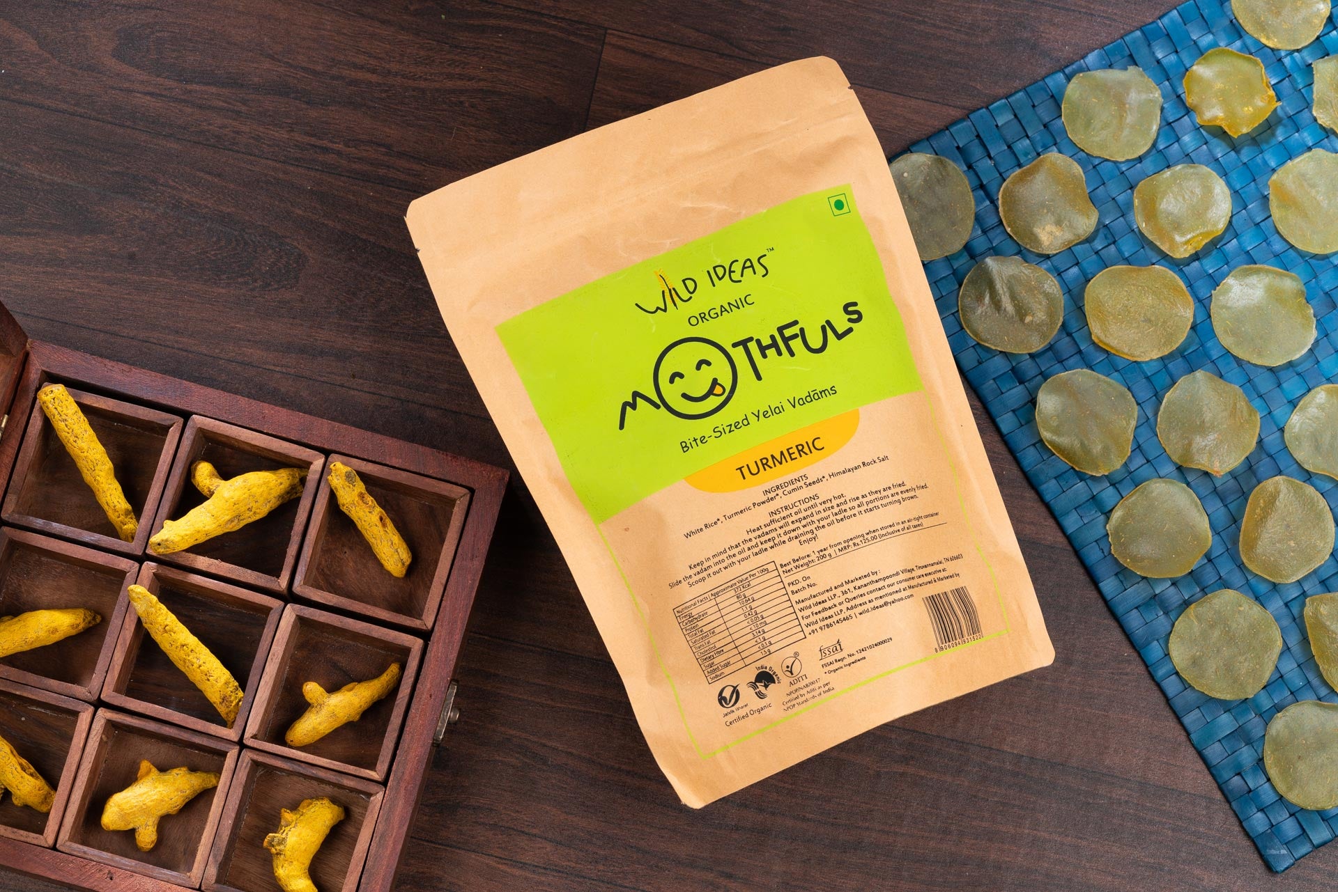Yelai Vadams | Mouthfuls - Turmeric - Turmeric, Mini Yelai Vadam - Sun Dried - Organic – No Artificial Colors, Additives & No Added Preservatives – Wild Ideas – 200gm