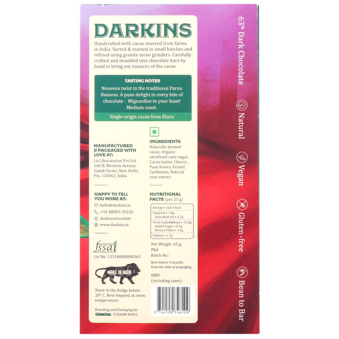 Dark Chocolate | 63% Dark Chocolate With Paan - Bean To Bar - Natural - Vegan & Gluten Free - Darkins – 50gm