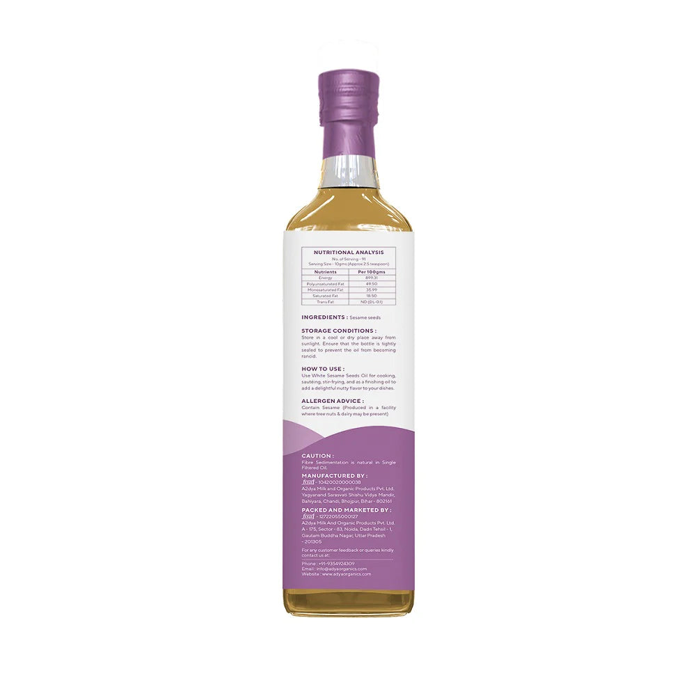 Sesame Oil | Woodpressed White Sesame Oil - 100% Natural - No Added Preservatives - Adya Organic - 100ml