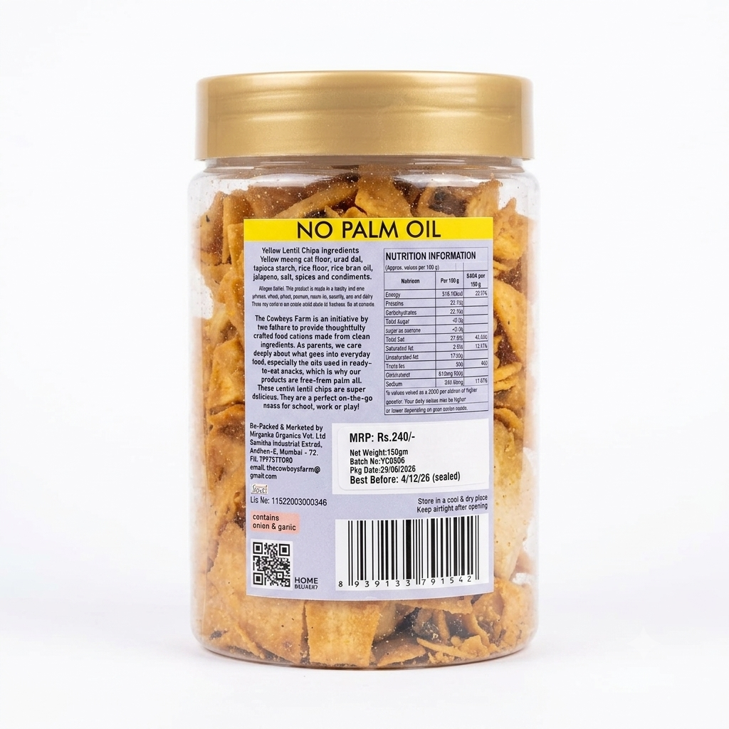 Chips | Yellow Lentil Chips – Made with Lentils, No Artificial Preservatives,No Added Preservatives – The Cowboys Farm – 150gm