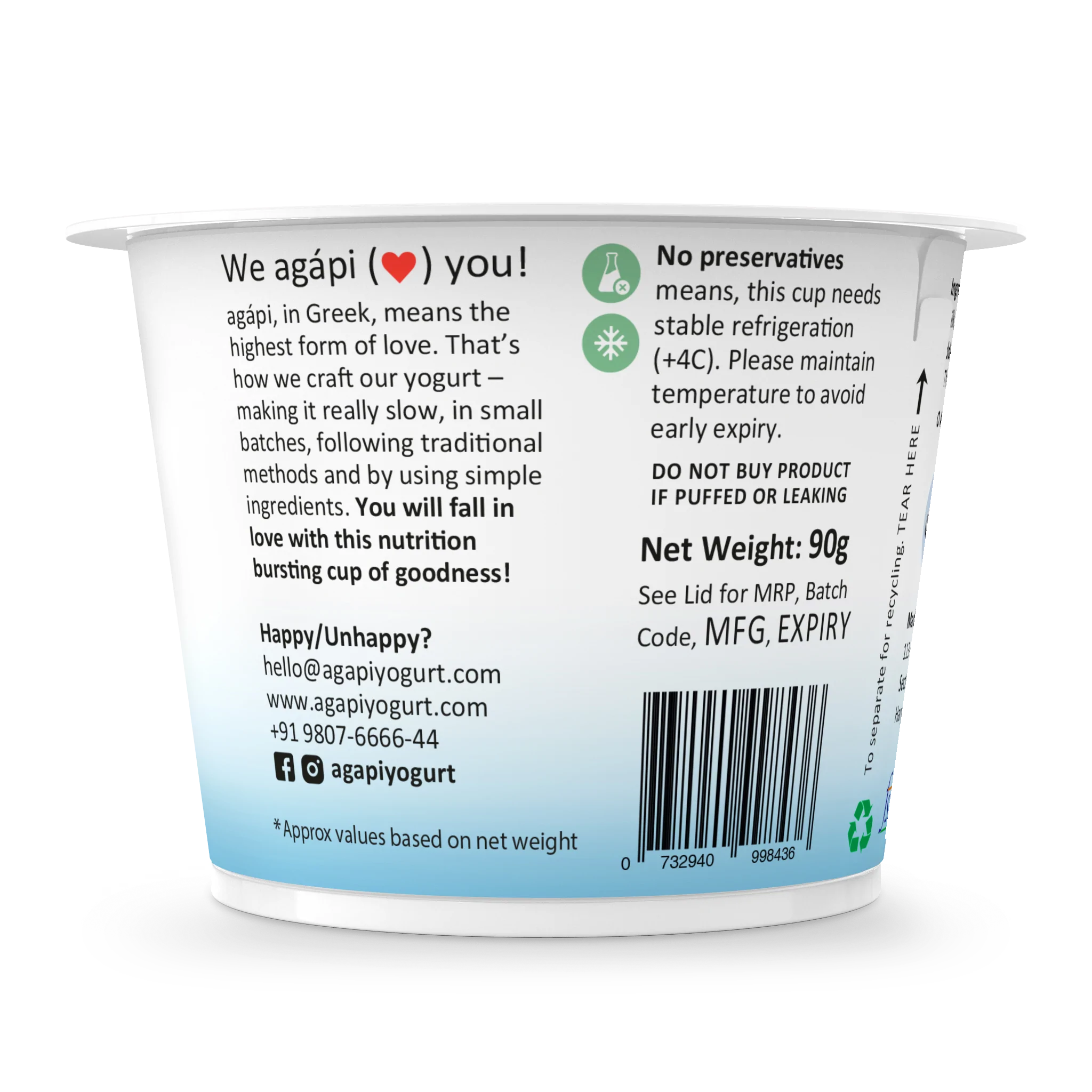 Yogurt | Greek - Natural - High In Protein, Lowest Added Sugar & No Preservatives - Agapi - 90gm