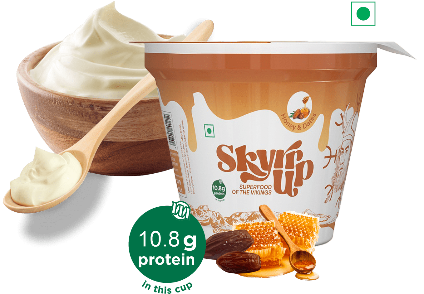 Yogurt | Honey & Dates (Made From A2 Milk) - Natural Sugar, 10.8gm Protein, Fat Free & Lactose Free - Skyrrup - 100gm