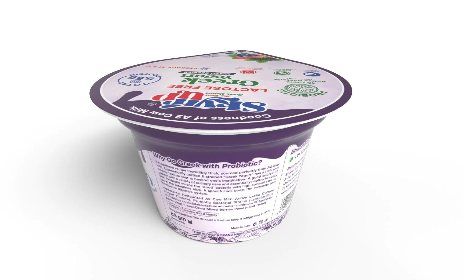 Yogurt | Mixed Berries (Made From A2 Milk) – Natural Sugar, 5.5gm Protein, No Milk Powder, Pectin Free, Fat Free & Lactose Free – Skyrrup – 85gm