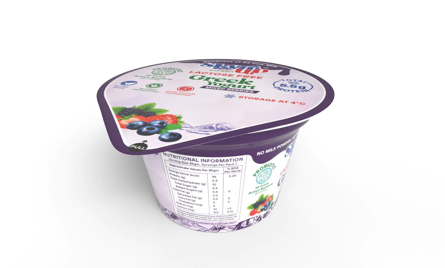 Yogurt | Mixed Berries (Made From A2 Milk) – Natural Sugar, 5.5gm Protein, No Milk Powder, Pectin Free, Fat Free & Lactose Free – Skyrrup – 85gm