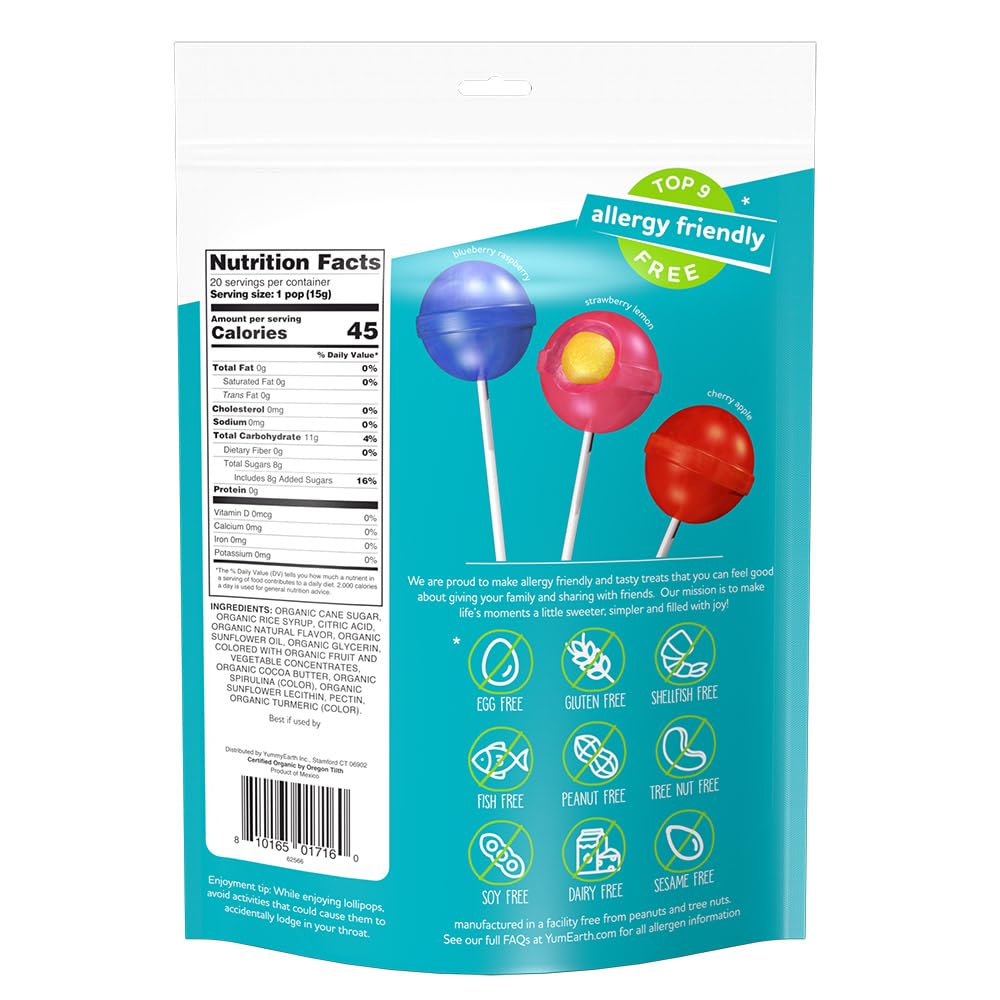 Candy | Duo Pops - USDA Organic - Vegan, Gluten Free, Non GMO & No High Fructose Corn Syrup Or No Artificial Dyes - Yum Earth - 20 Wrapped Pops - 300gm
