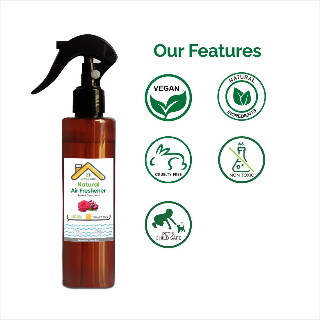 Air Freshner | Natural Air Freshner Rose & Geranium - No Artificial Ingredients & Parabens Free - Ahinsa Care - 230ml