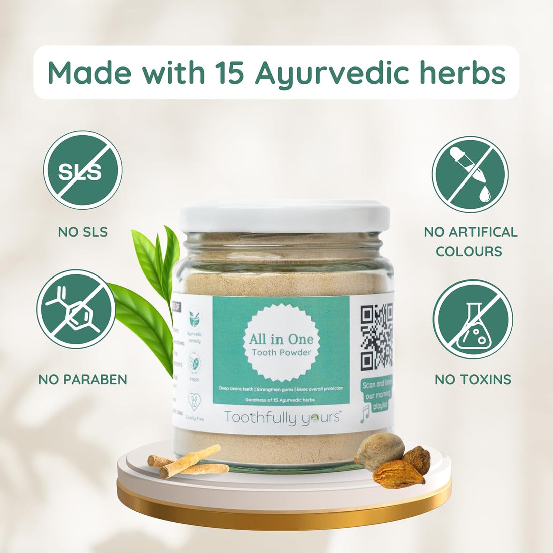 Tooth Powder | All in One Tooth Powder (Goodness Of 15 Ayurvedic Herbs) - Deep Cleans Teeth - Strengthen Gums - Gives Overall Protection - Vegan, Cruelty Free, Ayurvedic Friendly, SLS free & Fluoride free - Toothfully Yours - 125gm