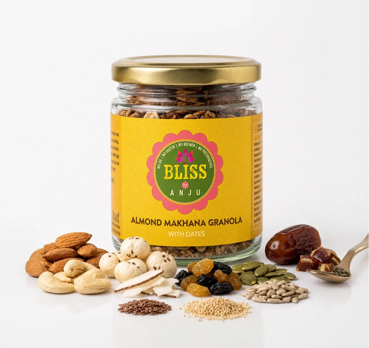 Granola | Almond Makhana Granola With Dates - Plant Based Whole Food - Oil Free, No Added Preservatives, Lactose Free & Diabetic Friendly - Bliss Box Foods - 250gm
