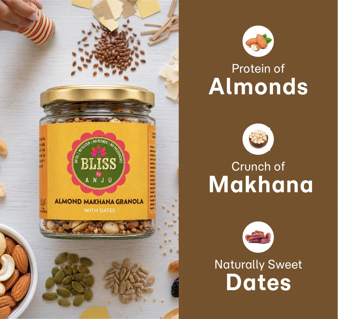 Granola | Almond Makhana Granola With Dates - Plant Based Whole Food - Oil Free, No Added Preservatives, Lactose Free & Diabetic Friendly - Bliss Box Foods - 250gm