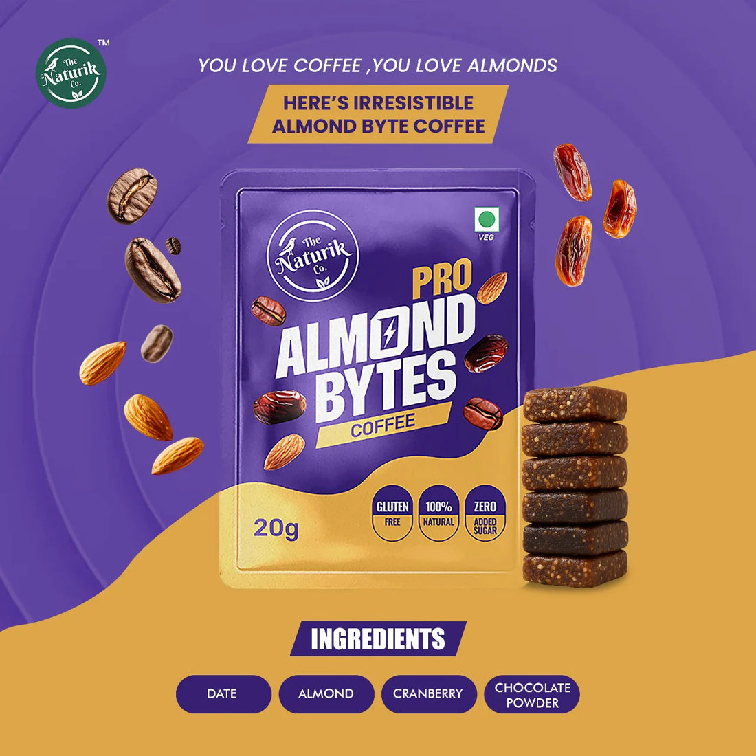 Almond bytes | Cranberry (Sweetened With Dates) - Pro - 100% Natural - Gluten Free & No Added Sugar - The Naturik Co - 20gm