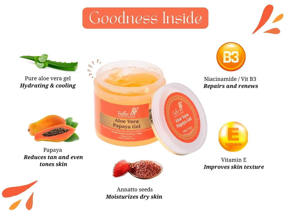 Aloe Vera Papaya Gel - Certified Organic Ingredients - Vegan - Rustic Art - 100gm