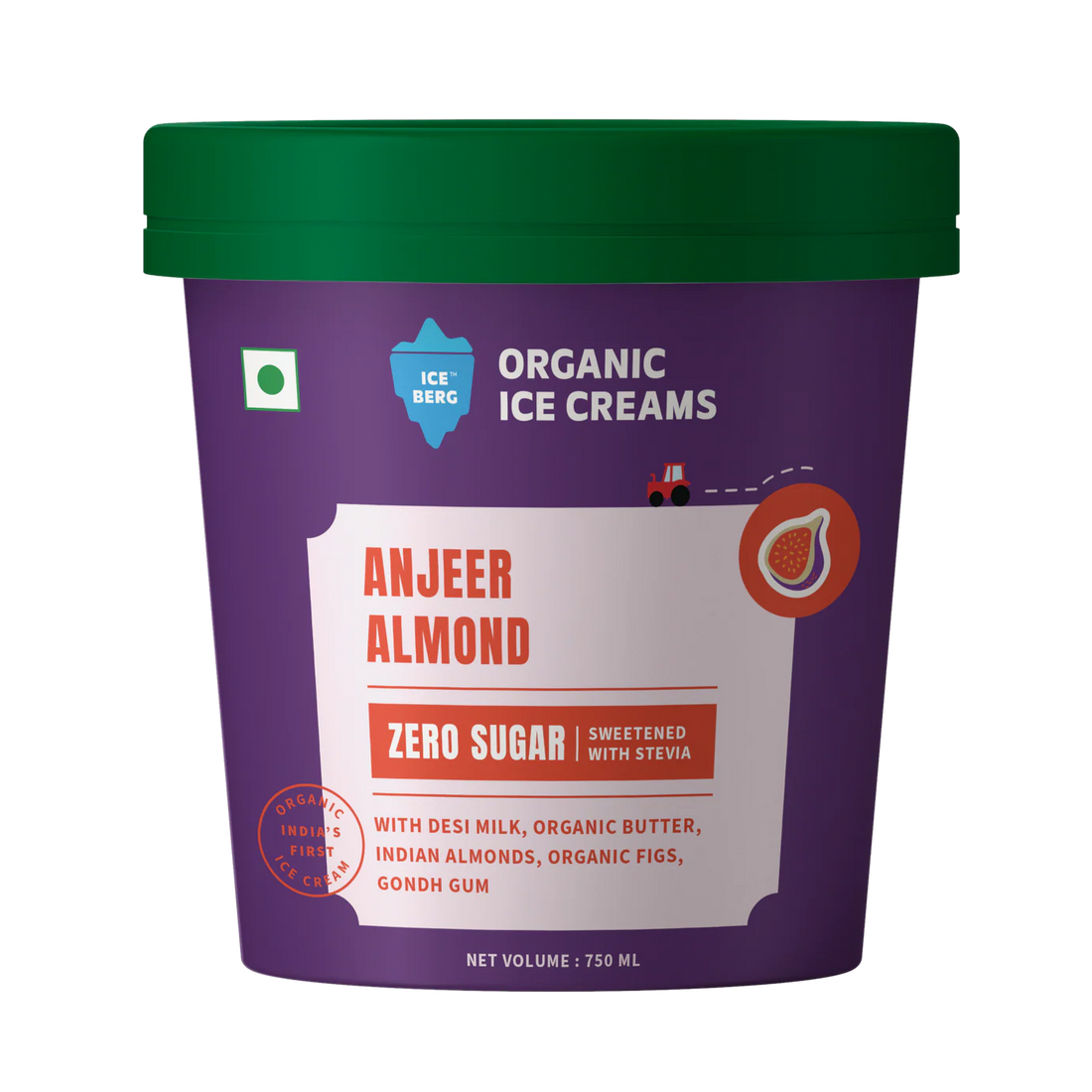Ice Cream | Anjeer Almond Ice Cream (Zero Sugar, Sweetened with Stevia ) - Made From Desi Milk , Gondh Gum, Organic Butter, Nutty Vanilla, Anjeer Almond - Churned with authentic & Real Ingredients - Iceberg Organic Ice Cream - 750ml