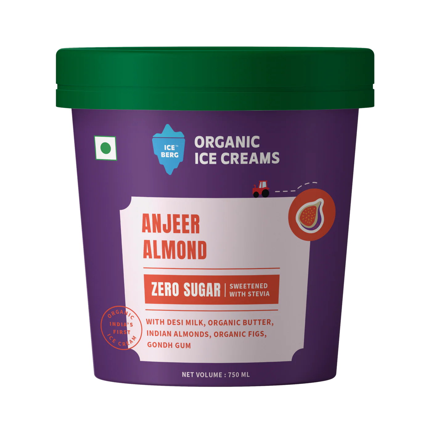 Ice Cream | Anjeer Almond Ice Cream (Zero Sugar, Sweetened with Stevia ) - Made From Desi Milk , Gondh Gum, Organic Butter, Nutty Vanilla, Anjeer Almond - Churned with authentic & Real Ingredients - Iceberg Organic Ice Cream - 750ml