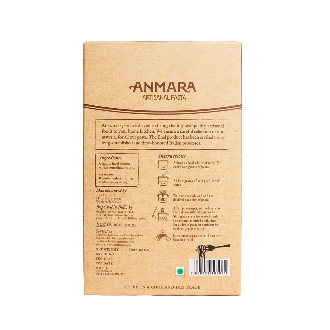 Pasta | Penne Rigate (Hard Durum Wheat Pasta) - 100% Italian - Anmara – 500gm
