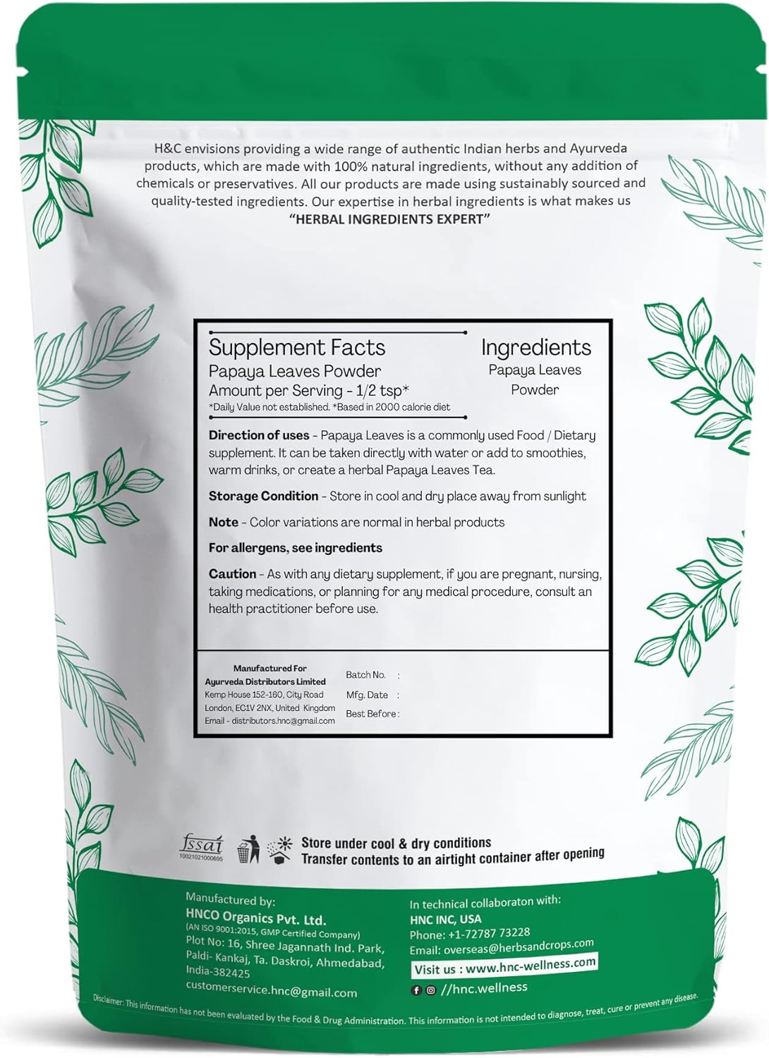 Papaya Leaves Powder | (Carica Papaya) - 100% Natural - No Added Additives - H&C - 100gm