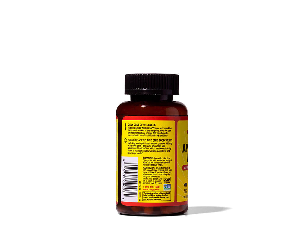 Apple Cider Vinegar Capsules | 1877 Mg Acv Blend – 750 Mg Acetic Acid – Health Supplement – Plant Based – Gluten Free, No Artificial Colors, Flavours & No Added Sugar – Bragg – 90 Capsules