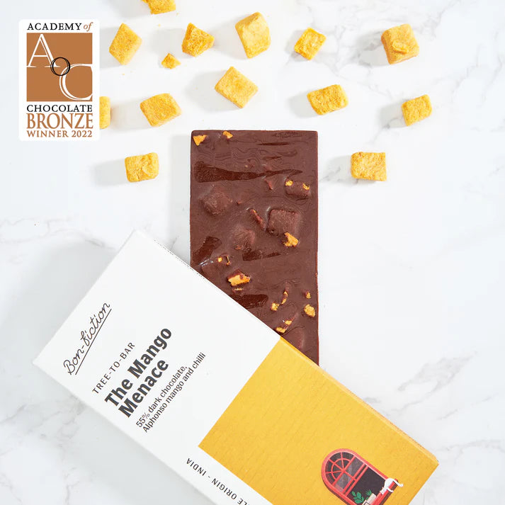 Dark Chocolate | 55% Dark Alphonso Mango Chilli Chocolate – The Mango Menace – Tree To Bar – Single Origin – 100% Natural – Vegan, Gluten Free, Palm Oil Free, Non GMO, No Artificial Flavour & No Added Preservatives – Bon-Fiction – 55gm