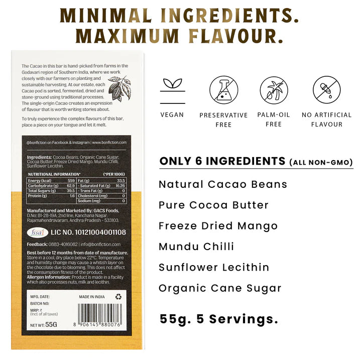 Dark Chocolate | 55% Dark Alphonso Mango Chilli Chocolate – The Mango Menace – Tree To Bar – Single Origin – 100% Natural – Vegan, Gluten Free, Palm Oil Free, Non GMO, No Artificial Flavour & No Added Preservatives – Bon-Fiction – 55gm