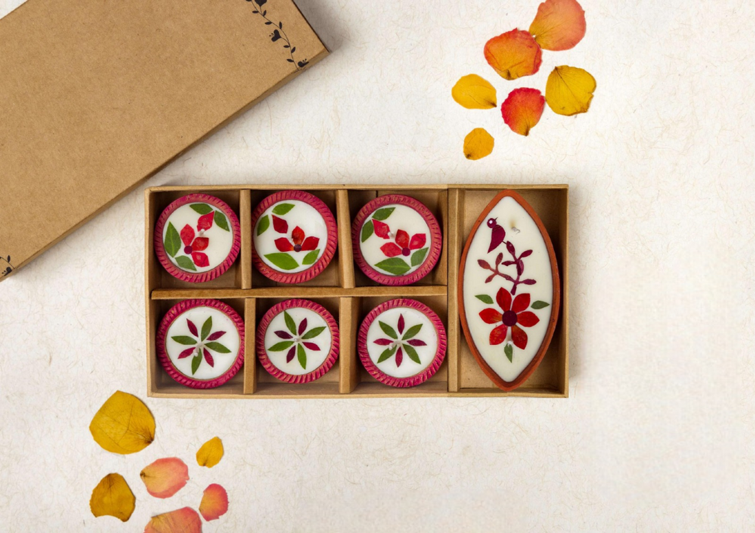 Diya | Assorted Boat Diya Set - Handcrafted – Eco Friendly Soy Wax, No Chemical & No Harmful Fumes – Nature’s Soul - (Box)- 26x14.5x5.5cm