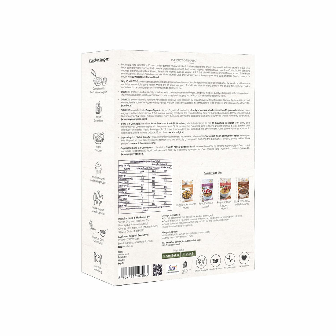 Muesli | Dark Cocoa & Millets Muesli – Natural – Gluten Free, No Preservatives & No Artificial Flavour – So Millet – 250gm