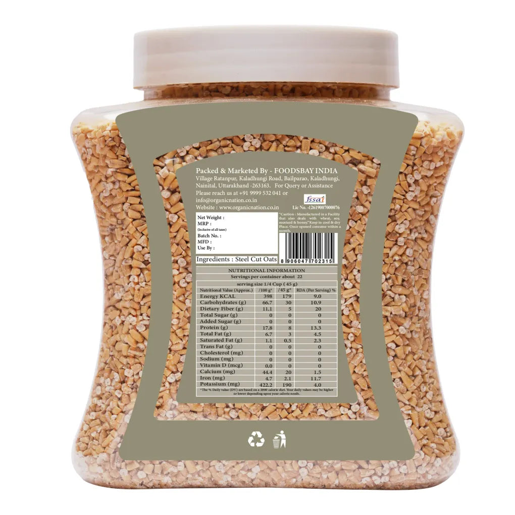 Oats| Steel Cut Oats (Whole Grain Oats ) - Gluten Free-100% Natural High In Fiber-Vegan & Natural-No Added Preservatives, No Added Sugar - Organic Nation - 1000gm