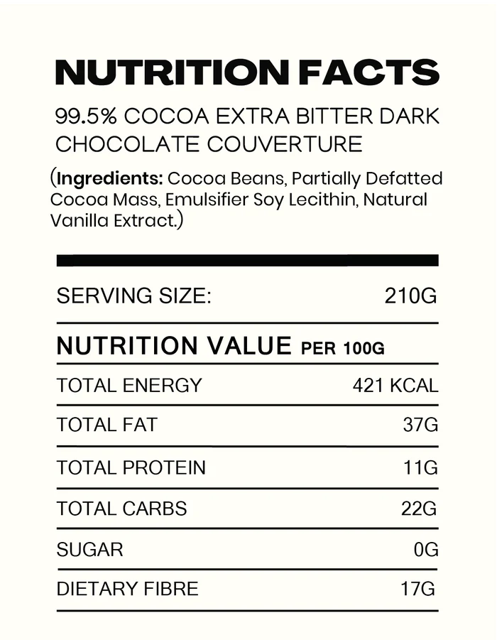 Dark Chocolate | 99.5% Extra Bitter Dark Chocolate Couverture - Vegan, Gluten Free, Sugar Free, Keto Friendly, High Protein, Low Fat, Low Calorie, Lactose Free & Nut Free - Cocoacraft - 210gm