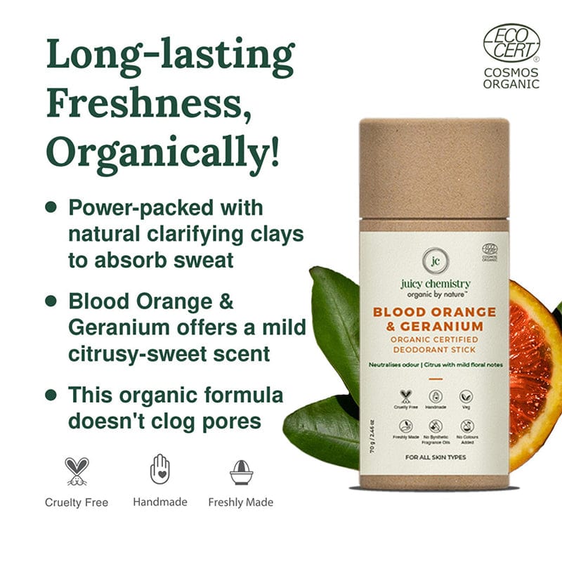 Blood Orange & Geranium Organic Deodorant Stick - Juicy Chemistry - 70gm