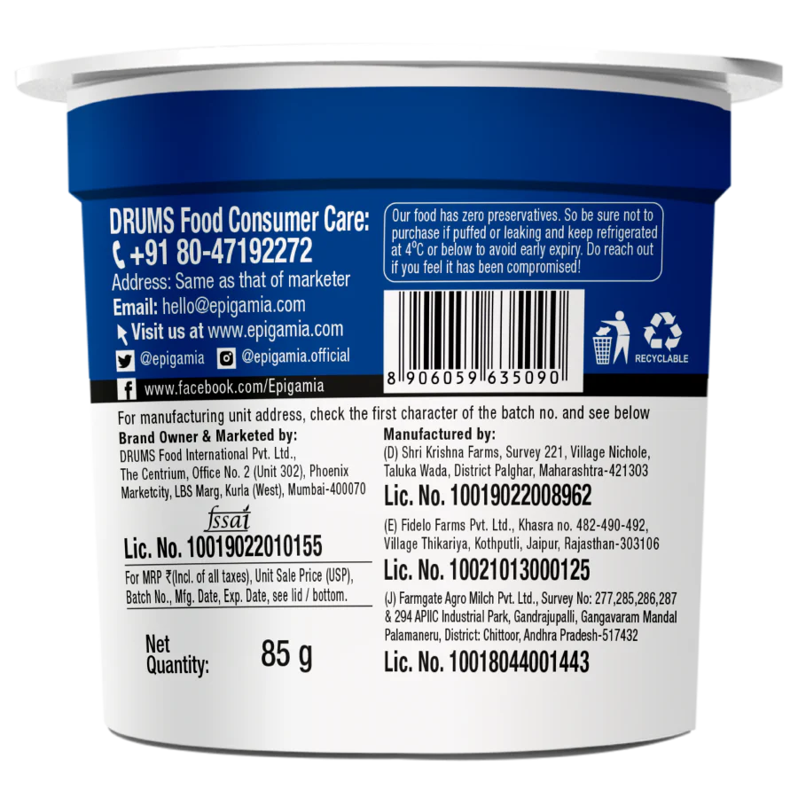 Yogurt | Blueberry Greek Yogurt - High In Protein & No Added Preservatives – Epigamia - 85gm