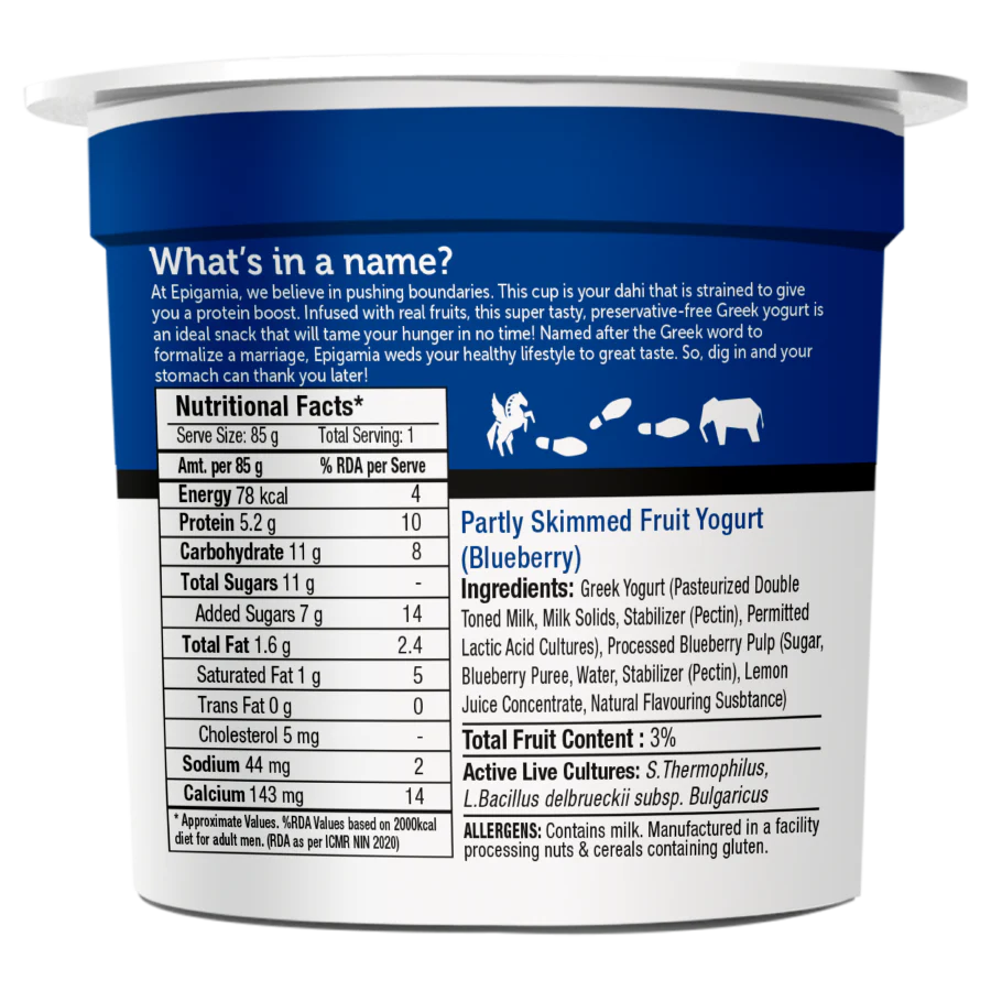 Yogurt | Blueberry Greek Yogurt - High In Protein & No Added Preservatives – Epigamia - 85gm