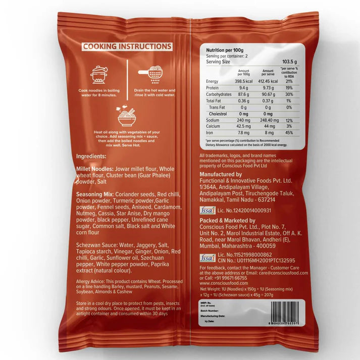 Noodles | Schezwan Millet Jowar Noodles - Seasoning Inside - No Added Preservatives & No Maida - Conscious Food - 207 gm
