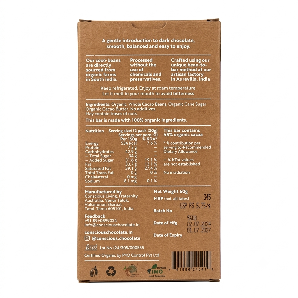 65% Semi-Sweet Dark Chocolate Bar – Vegan & Gluten Free -Conscious Chocolate – 60gm