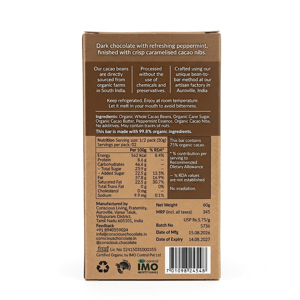 75% Peppermint & Sweet Nibs Dark Chocolate - Conscious Living - 60gm
