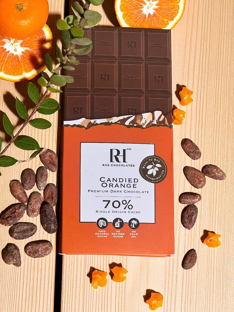 Dark Chocolate | Candied Orange Premium Dark Chocolate - 70% Single Origin Cacao - Bean To Bar - Handcrafted - 100% Natural Cacao - No Refined Sugar & No Palm Oil - Ras Chocolate - 80gm