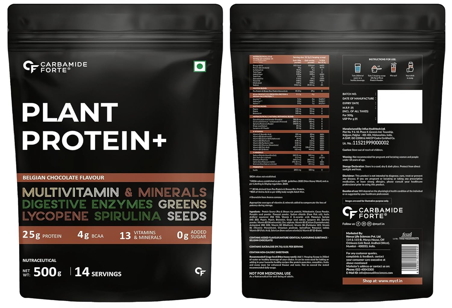 Protein Powder | Plant Based Protein Powder (With Multivitamin, Minerals, Superfoods, Pea Protein, Digestive Enzymes) - 25g Protein - Belgian Chocolate Flavour - No Added Sugar - Carbamide Forte - 500gm