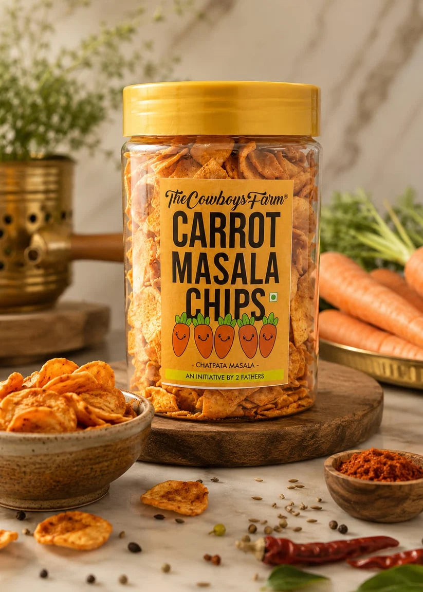 Chips | Carrot Masala Chips β Made with Lentils & Carrot Pulp- No Artificial Preservatives,No Added Preservatives β The Cowboys Farm β 160gm