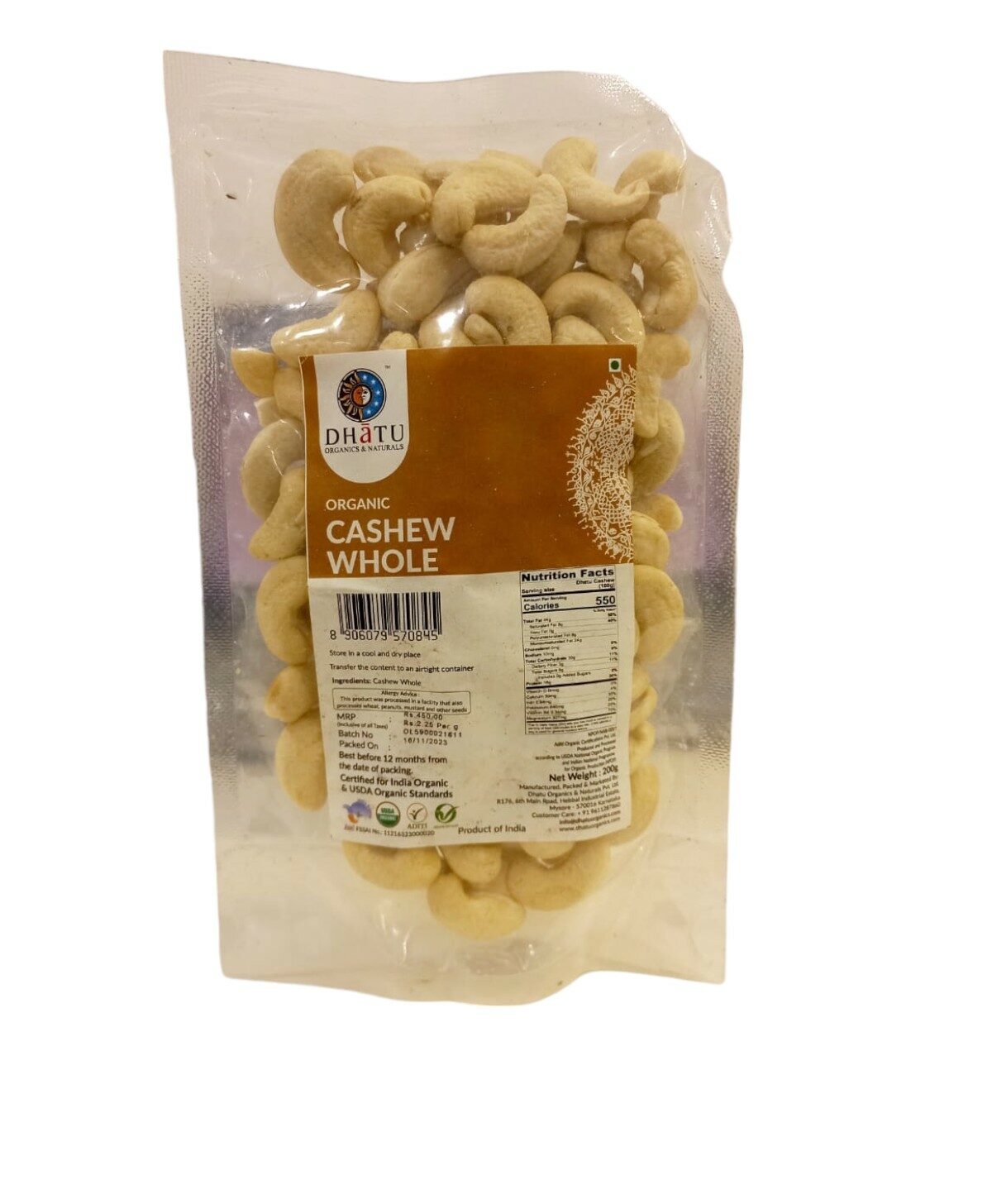 Cashew Whole | USDA Organic - Dhatu Organics - 200gm