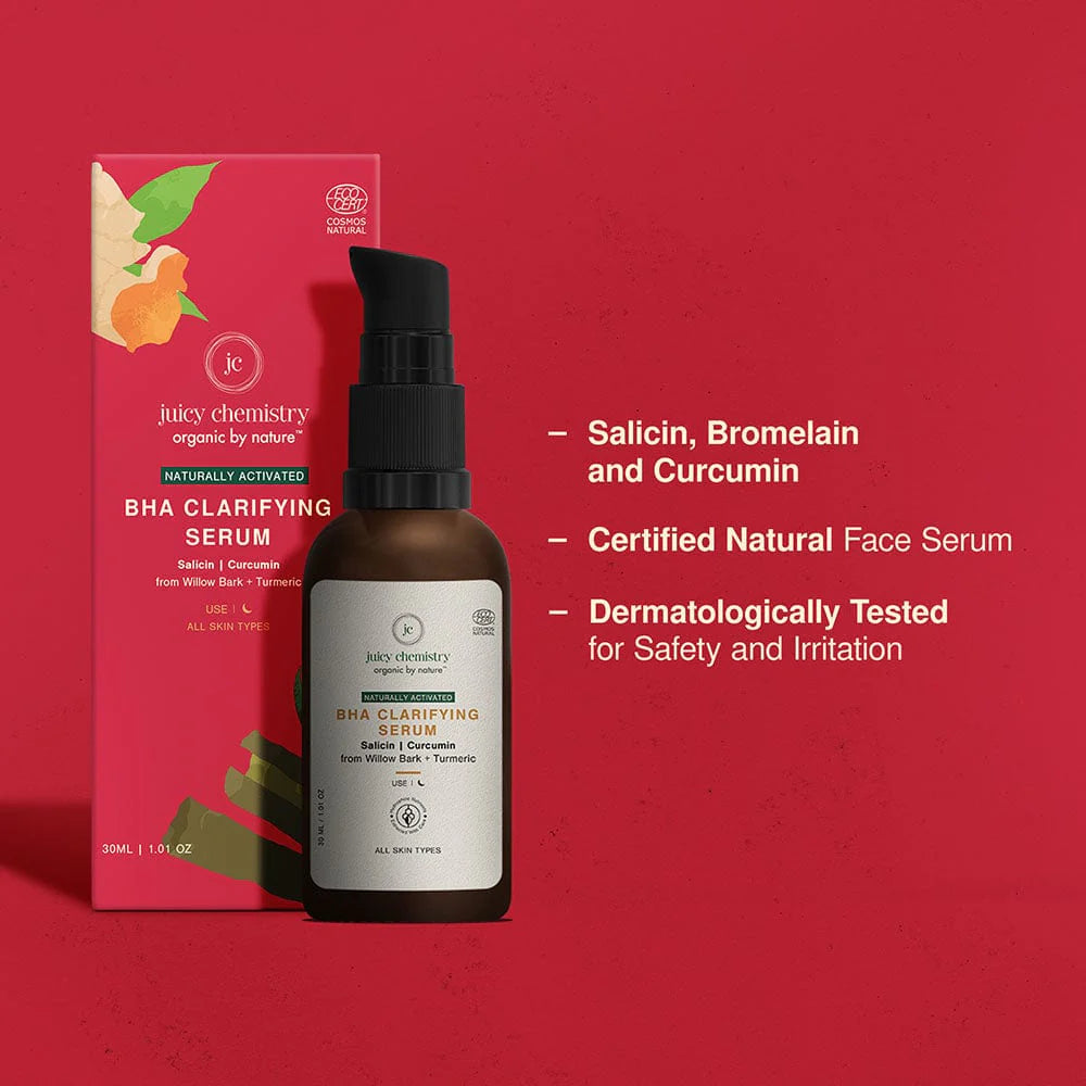 BHA Clarifying Serum |  - (Salicin & Curcumin) - Controls Acne , Blemishes Clarifies Pores - Handmade - Organic - Indian  Vegan, Crutely Free, Gmo Free, Zero Sulphates, No Synthetic Fragrances & No Colours Added - Juicy Chemistry - 10ml