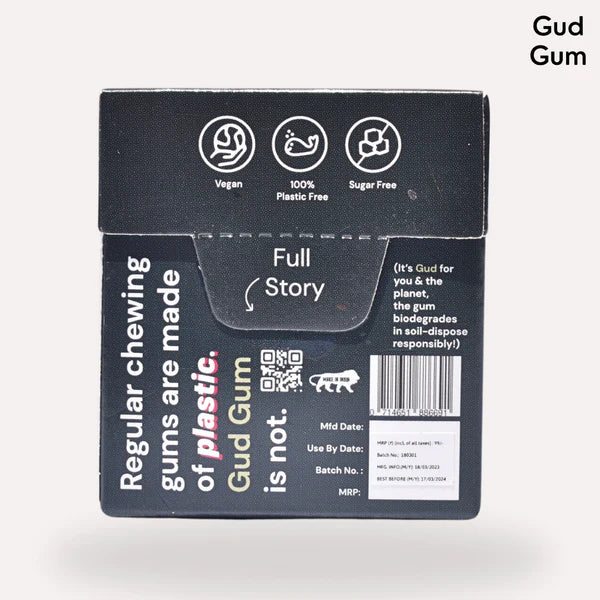 Charcoal Mint Chewing Gum - Sweet - 15 Pieces Per Pack - Natural - Indian - Vegan, Sugar Free & Plastic Free - Gud Gum - 21gm