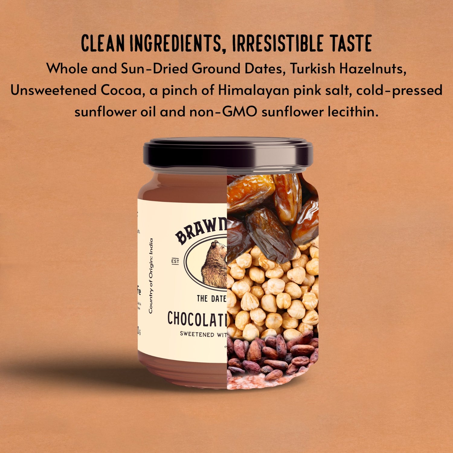 Chocolate Hazelnut Spread  Sweetened With Premium Dates - No Added Sugar & No Palm Oil - Brawny Bear - 200gm