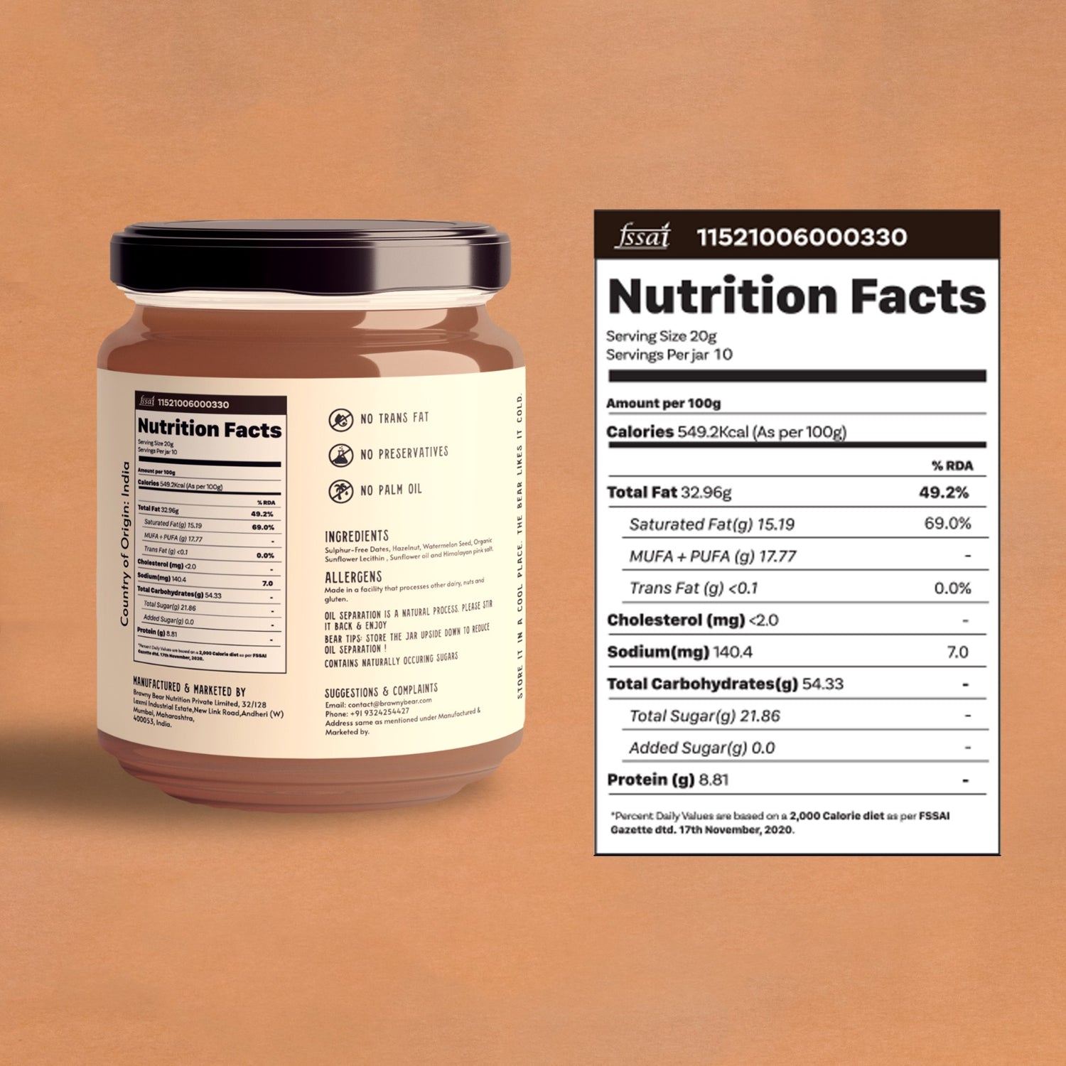Chocolate Hazelnut Spread  Sweetened With Premium Dates - No Added Sugar & No Palm Oil - Brawny Bear - 200gm
