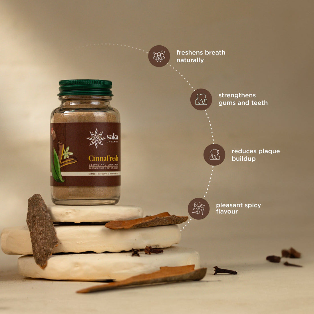 Toothpowder | CinnaFresh - Clove & Cinnamon Toothpowder - Handcrafted - Saka Organics - 50gm