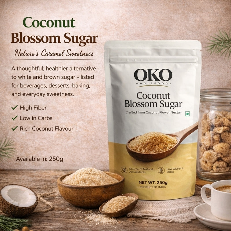 Sugar | Coconut Blossom Sugar - Crafted From Coconut Flower Nectar - Source Of Natural Antioxidants, Low Glycemic Index- No Preservatives- OKO Whole Food - 250gm