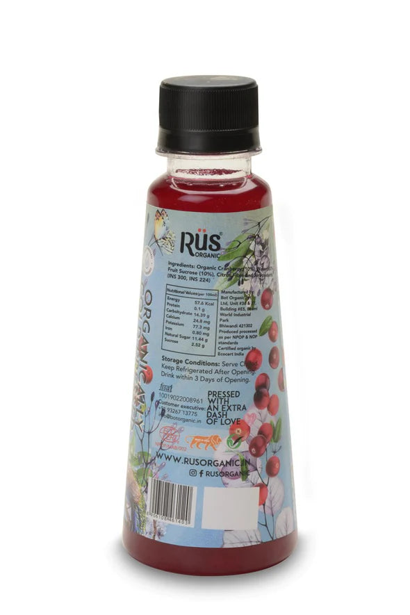 Juice | Cranberry Juice – USDA Organic – Cold Pressed - Vegan, Eco Friendly, No Added Sugar, No Concentrate Or No Flavour – Rus Organic – 500ml