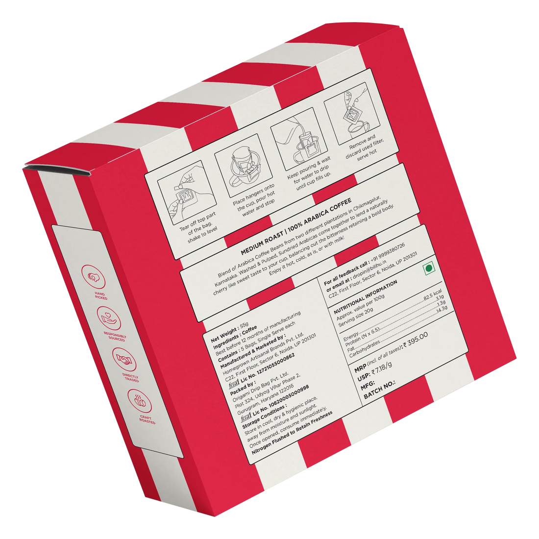 Coffee | Hot Coffee Dip Bags - 100% Arabica - Medium Roast - Bili Hu - 5 sachets x 11g Each - Set Of 5